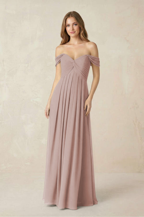 Off-the-Shoulder A-Line Chiffon Pleated Bridesmaid Dress in Toffee | KISSBRIDAL
