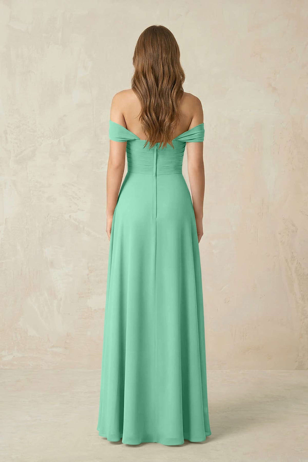 Off - the - Shoulder A - Line Chiffon Pleated Bridesmaid Dress in Turquoise - KISS BRIDAL Bridesmaid Dresses