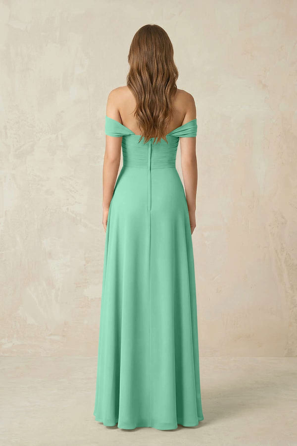 Off - the - Shoulder A - Line Chiffon Pleated Bridesmaid Dress in Turquoise - SHE IS ME Bridesmaid Dresses