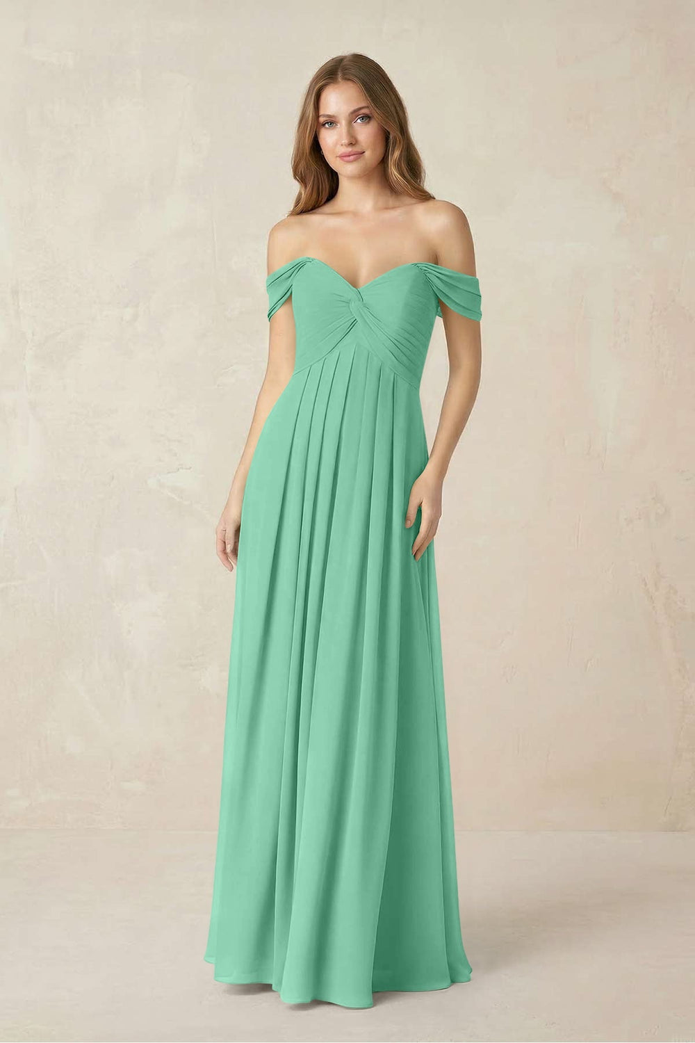 Off - the - Shoulder A - Line Chiffon Pleated Bridesmaid Dress in Turquoise - KISS BRIDAL Bridesmaid Dresses