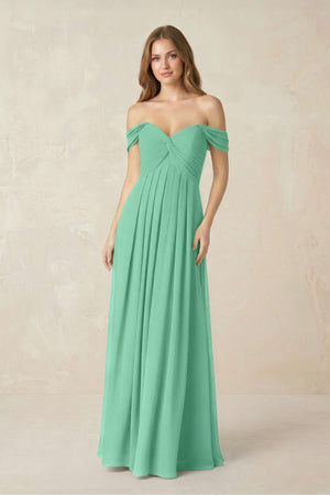 Off - the - Shoulder A - Line Chiffon Pleated Bridesmaid Dress in Turquoise - SHE IS ME Bridesmaid Dresses