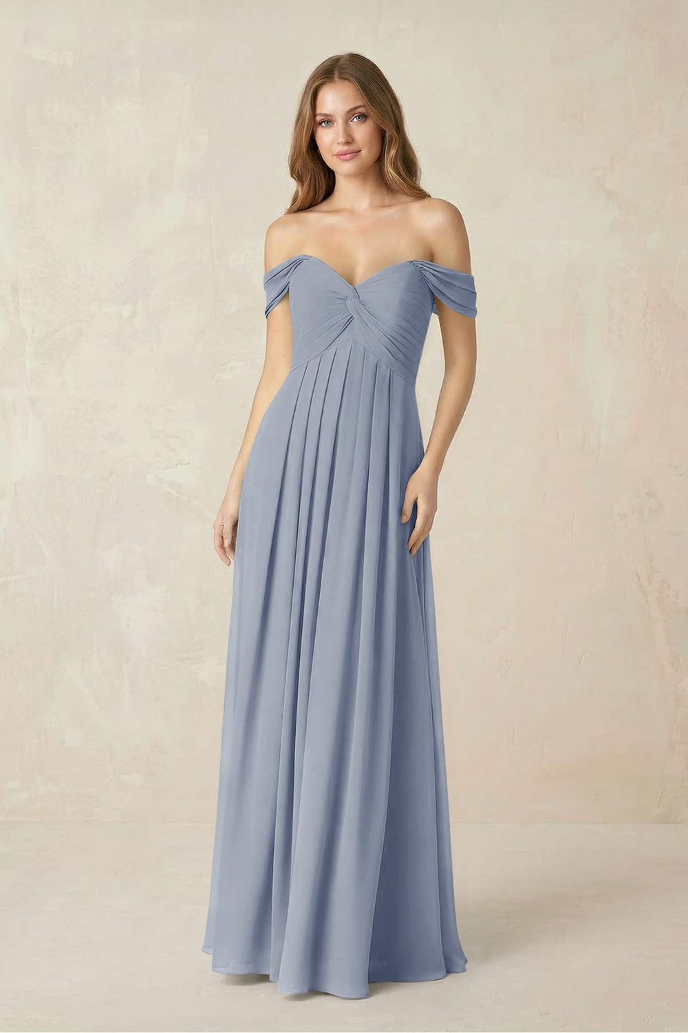 Off - the - Shoulder A - Line Chiffon Pleated Bridesmaid Dress in Twilight - KISS BRIDAL Bridesmaid Dresses