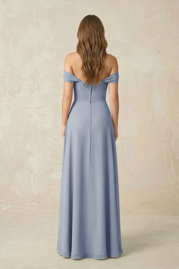 Off - the - Shoulder A - Line Chiffon Pleated Bridesmaid Dress in Twilight - SHE IS ME Bridesmaid Dresses