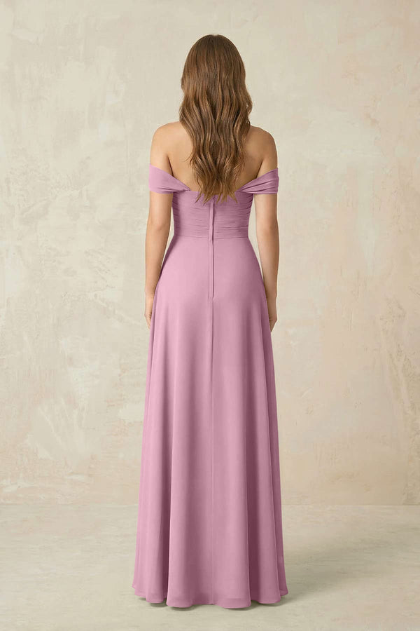 Off - the - Shoulder A - Line Chiffon Pleated Bridesmaid Dress in Vintage Mauve - SHE IS ME Bridesmaid Dresses