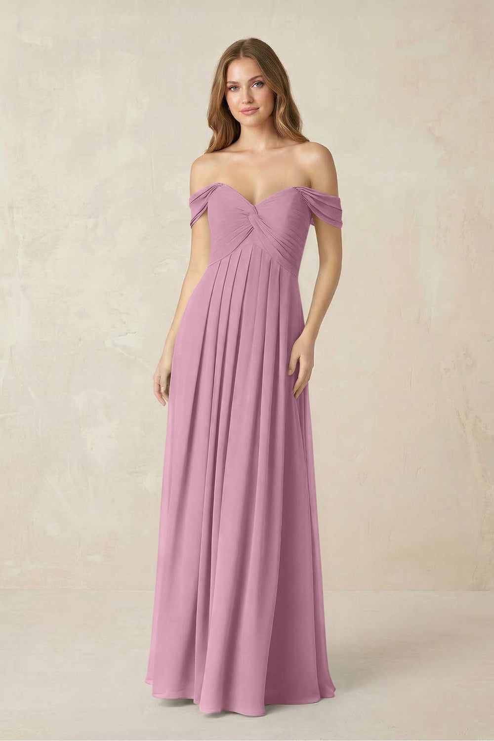 Off - the - Shoulder A - Line Chiffon Pleated Bridesmaid Dress in Vintage Mauve - KISS BRIDAL Bridesmaid Dresses