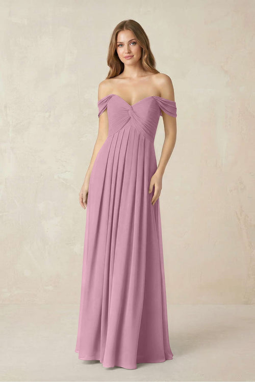 Off - the - Shoulder A - Line Chiffon Pleated Bridesmaid Dress in Vintage Mauve - SHE IS ME Bridesmaid Dresses