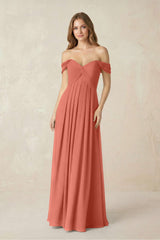 Off - the - Shoulder A - Line Chiffon Pleated Bridesmaid Dress in Wild Rose - KISS BRIDAL Bridesmaid Dresses