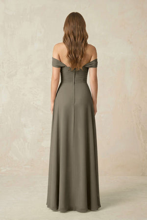 Off - the - Shoulder A - Line Chiffon Pleated Bridesmaid Dress in Willow Green - SHE IS ME Bridesmaid Dresses