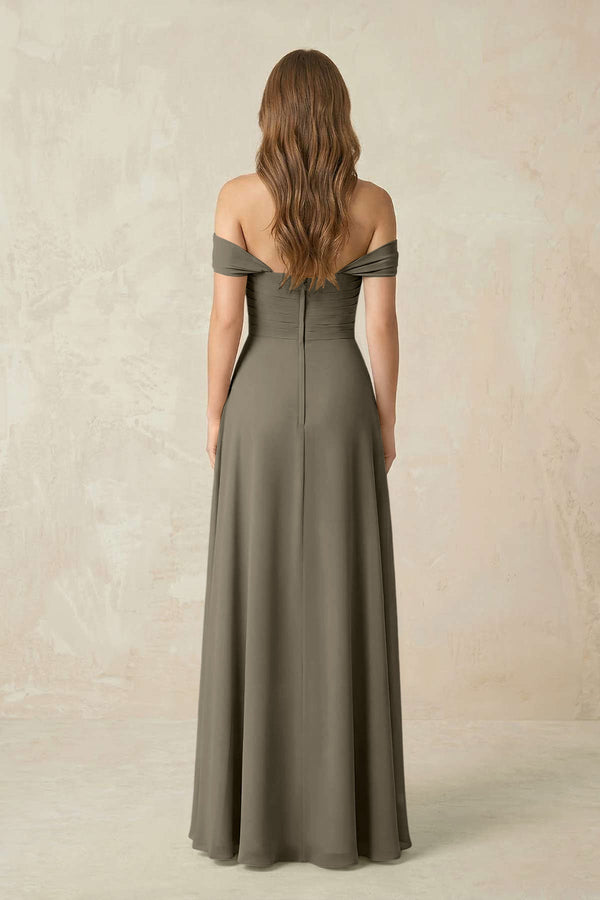 Off - the - Shoulder A - Line Chiffon Pleated Bridesmaid Dress in Willow Green - SHE IS ME Bridesmaid Dresses