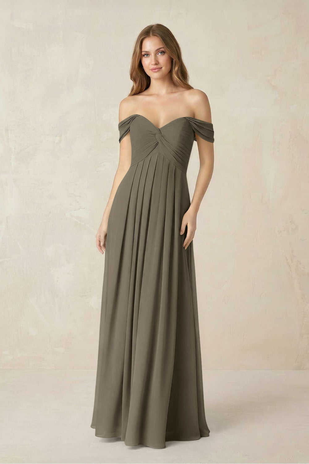 Off - the - Shoulder A - Line Chiffon Pleated Bridesmaid Dress in Willow Green - KISS BRIDAL Bridesmaid Dresses