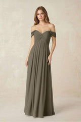 Off - the - Shoulder A - Line Chiffon Pleated Bridesmaid Dress in Willow Green - KISS BRIDAL Bridesmaid Dresses