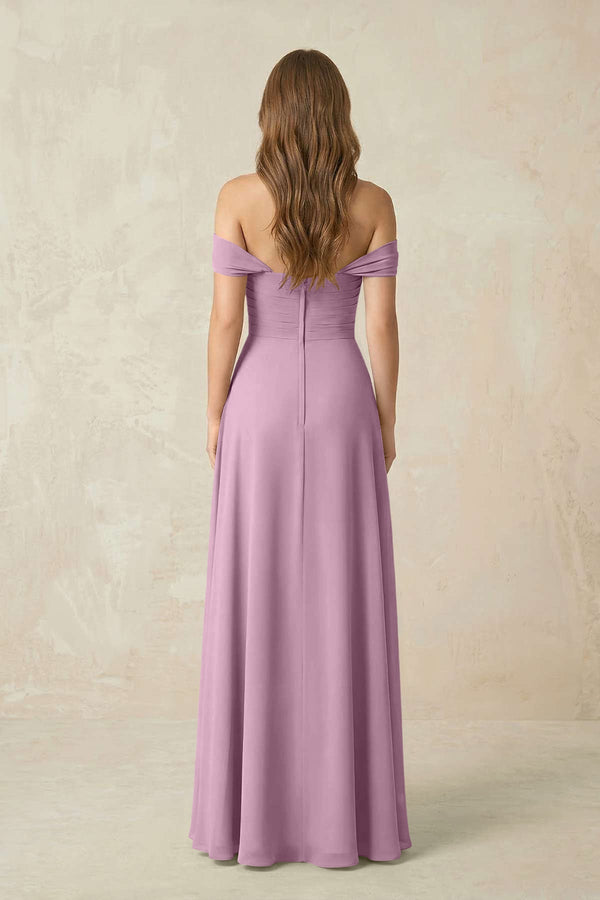 Off - the - Shoulder A - Line Chiffon Pleated Bridesmaid Dress in Wisteria - SHE IS ME Bridesmaid Dresses