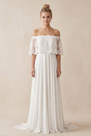 Off - the - Shoulder A - Line Chiffon Pleated Wedding Dress in White - SHE IS ME Wedding Dresses