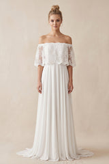 Off - the - Shoulder A - Line Chiffon Pleated Wedding Dress in White - KISS BRIDAL Wedding Dresses