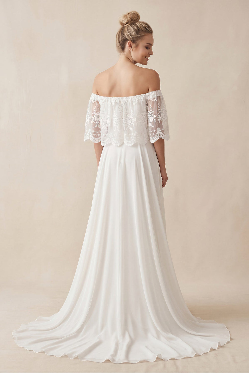 Off - the - Shoulder A - Line Chiffon Pleated Wedding Dress in White - KISS BRIDAL Wedding Dresses