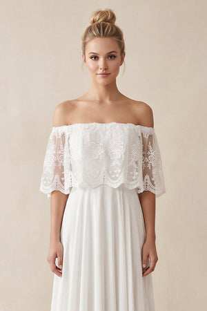 Off - the - Shoulder A - Line Chiffon Pleated Wedding Dress in White - SHE IS ME Wedding Dresses