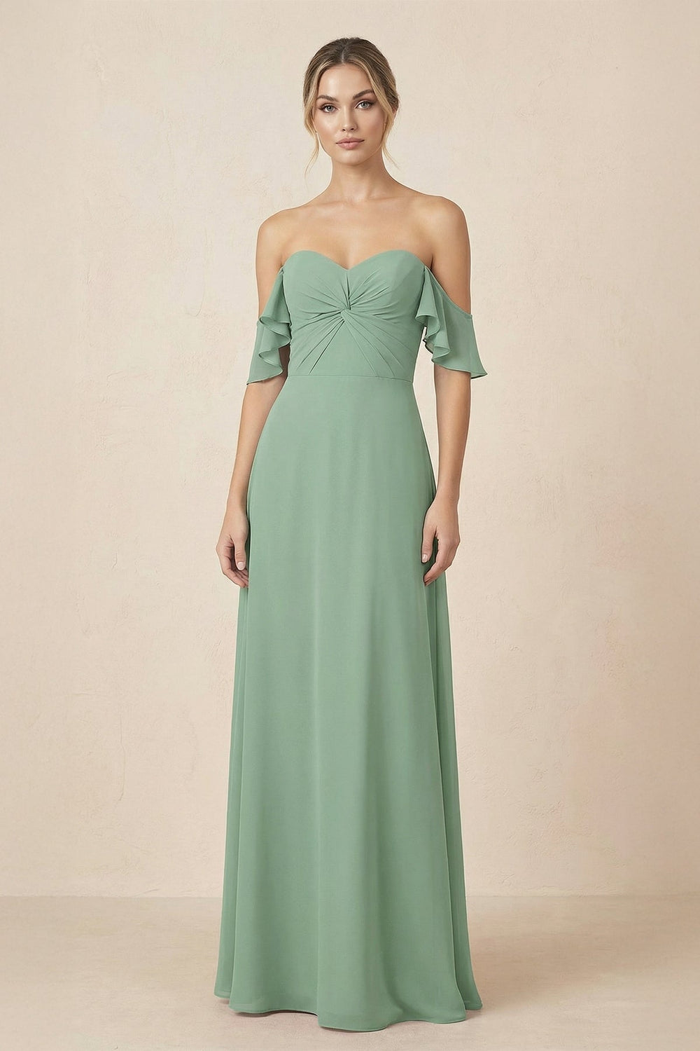 Off-the-Shoulder A-Line Chiffon Ruched Bridesmaid Dress in Sea Glass - SHE IS ME BRIDESMAID DRESSES
