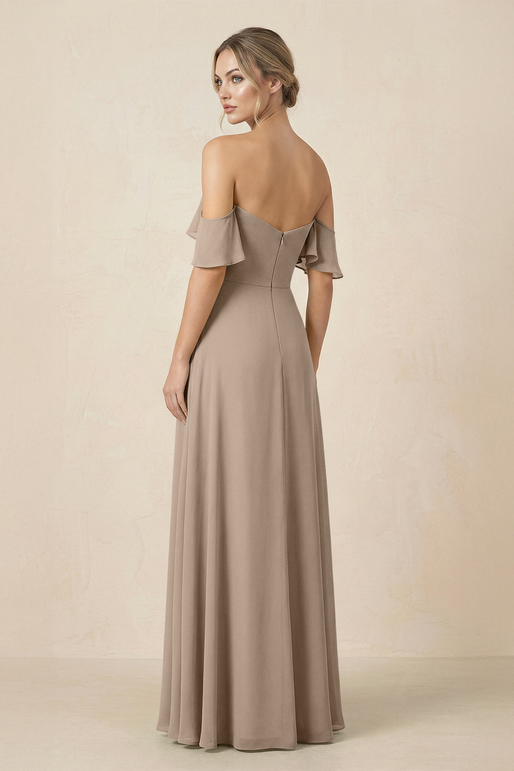 Off-the-Shoulder A-Line Chiffon Ruched Bridesmaid Dress in Almond