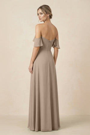 Off-the-Shoulder A-Line Chiffon Ruched Bridesmaid Dress in Almond (2) | KISSBRIDAL