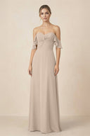 Off-the-Shoulder A-Line Chiffon Ruched Bridesmaid Dress in Almond - SHE IS ME BRIDESMAID DRESSES