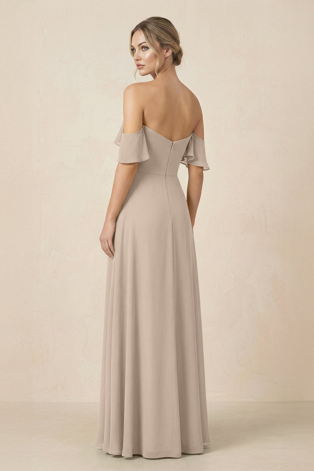 Off-the-Shoulder A-Line Chiffon Ruched Bridesmaid Dress in Almond - SHE IS ME BRIDESMAID DRESSES