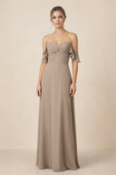 Off-the-Shoulder A-Line Chiffon Ruched Bridesmaid Dress in Almond | KISSBRIDAL