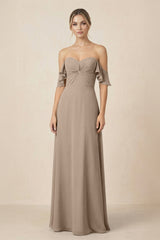 Off-the-Shoulder A-Line Chiffon Ruched Bridesmaid Dress in Almond | KISSBRIDAL
