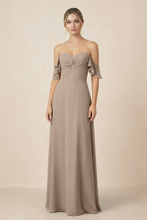 Off-the-Shoulder A-Line Chiffon Ruched Bridesmaid Dress in Almond | KISSBRIDAL