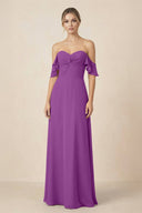 Off-the-Shoulder A-Line Chiffon Ruched Bridesmaid Dress in Amethyst - SHE IS ME BRIDESMAID DRESSES