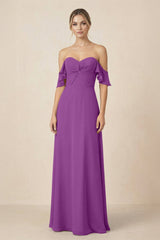 Off-the-Shoulder A-Line Chiffon Ruched Bridesmaid Dress in Amethyst - KISS BRIDAL BRIDESMAID DRESSES