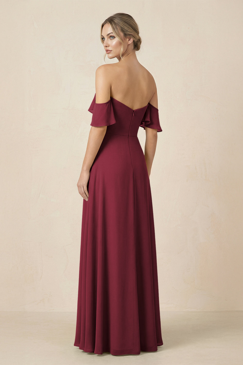 Off-the-Shoulder A-Line Chiffon Ruched Bridesmaid Dress in Berry