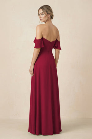 Off-the-Shoulder A-Line Chiffon Ruched Bridesmaid Dress in Berry - SHE IS ME BRIDESMAID DRESSES