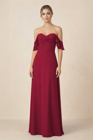 Off-the-Shoulder A-Line Chiffon Ruched Bridesmaid Dress in Berry - SHE IS ME BRIDESMAID DRESSES