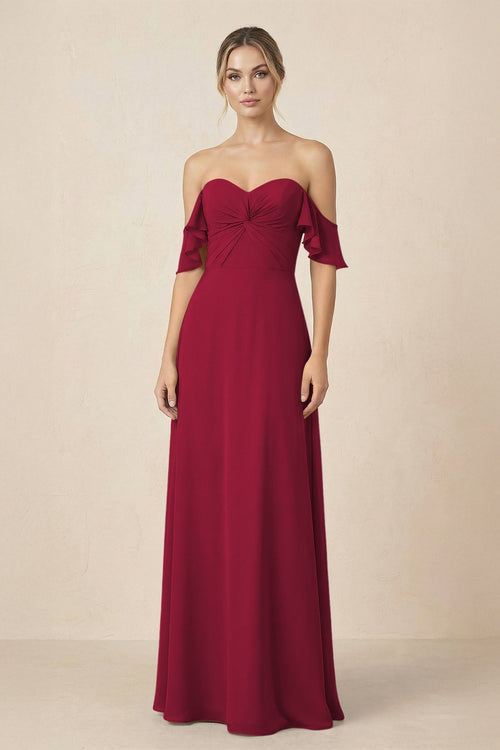 Off-the-Shoulder A-Line Chiffon Ruched Bridesmaid Dress in Berry - SHE IS ME BRIDESMAID DRESSES