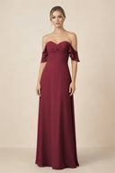 Off-the-Shoulder A-Line Chiffon Ruched Bridesmaid Dress in Berry | KISSBRIDAL