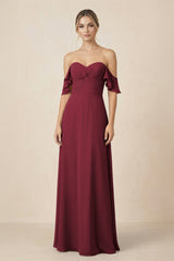Off-the-Shoulder A-Line Chiffon Ruched Bridesmaid Dress in Berry | KISSBRIDAL