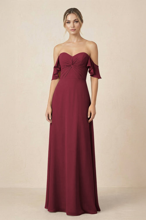Off-the-Shoulder A-Line Chiffon Ruched Bridesmaid Dress in Berry | KISSBRIDAL