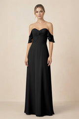 Off-the-Shoulder A-Line Chiffon Ruched Bridesmaid Dress in Black - KISS BRIDAL BRIDESMAID DRESSES