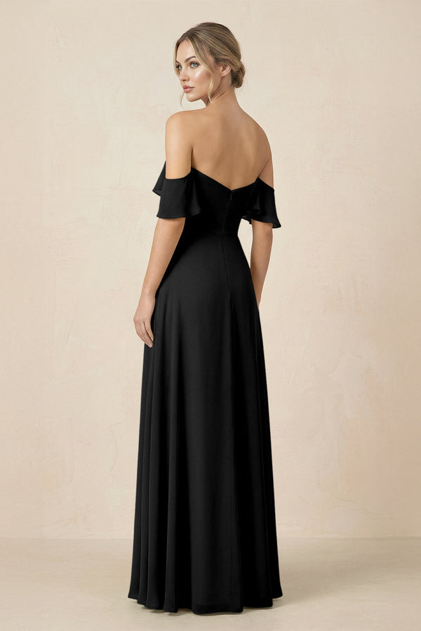 Off-the-Shoulder A-Line Chiffon Ruched Bridesmaid Dress in Black - SHE IS ME BRIDESMAID DRESSES