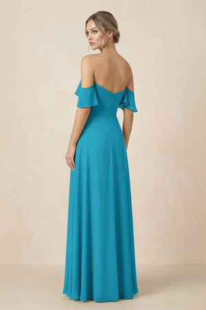Off-the-Shoulder A-Line Chiffon Ruched Bridesmaid Dress in Blue Jay - SHE IS ME BRIDESMAID DRESSES