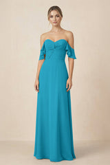 Off-the-Shoulder A-Line Chiffon Ruched Bridesmaid Dress in Blue Jay - KISS BRIDAL BRIDESMAID DRESSES