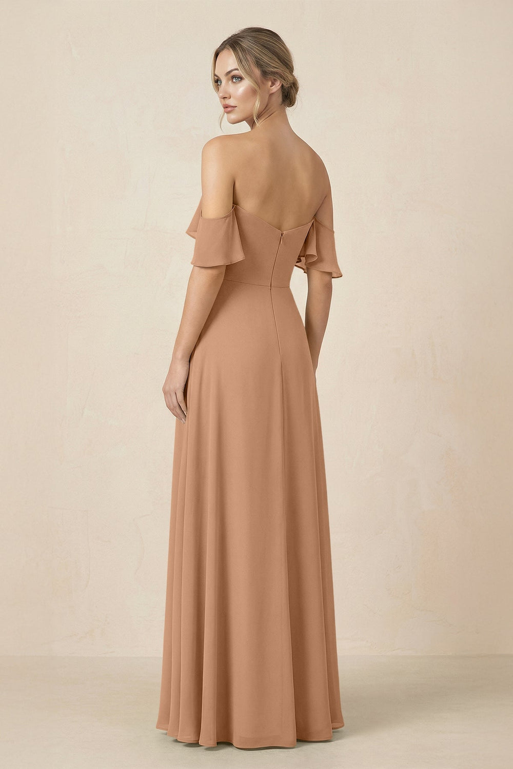 Off-the-Shoulder A-Line Chiffon Ruched Bridesmaid Dress in Bronzer - KISS BRIDAL BRIDESMAID DRESSES