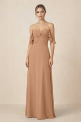 Off-the-Shoulder A-Line Chiffon Ruched Bridesmaid Dress in Bronzer - KISS BRIDAL BRIDESMAID DRESSES