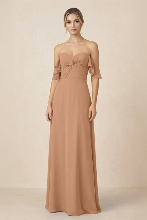 Off-the-Shoulder A-Line Chiffon Ruched Bridesmaid Dress in Bronzer - SHE IS ME BRIDESMAID DRESSES