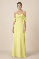 Off-the-Shoulder A-Line Chiffon Ruched Bridesmaid Dress in Buttercup - SHE IS ME BRIDESMAID DRESSES