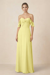 Off-the-Shoulder A-Line Chiffon Ruched Bridesmaid Dress in Buttercup - KISS BRIDAL BRIDESMAID DRESSES