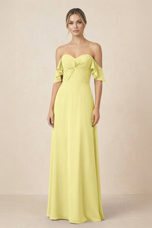 Off-the-Shoulder A-Line Chiffon Ruched Bridesmaid Dress in Buttercup - SHE IS ME BRIDESMAID DRESSES