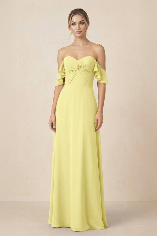 Off-the-Shoulder A-Line Chiffon Ruched Bridesmaid Dress in Buttercup - SHE IS ME BRIDESMAID DRESSES
