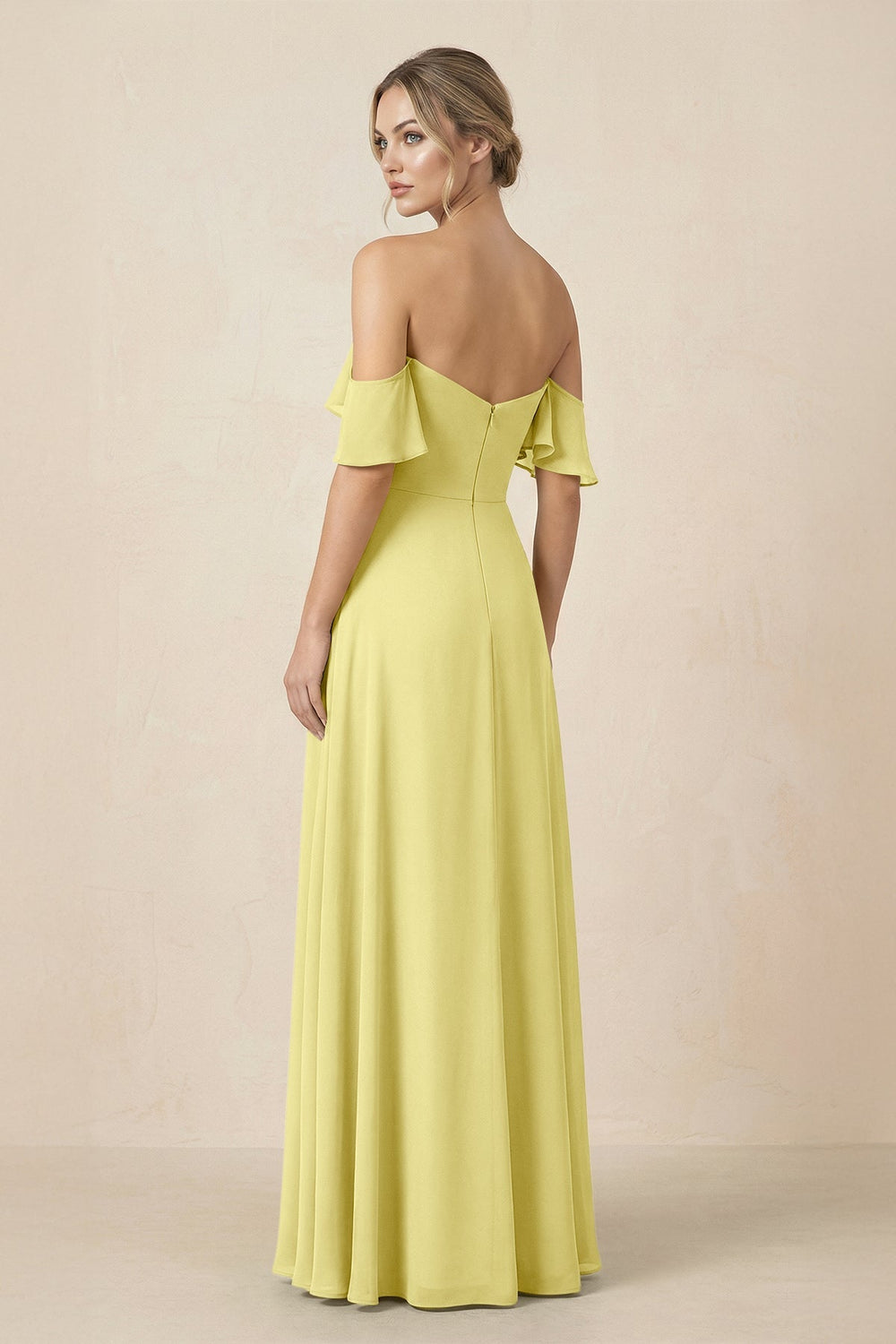 Off-the-Shoulder A-Line Chiffon Ruched Bridesmaid Dress in Buttercup - KISS BRIDAL BRIDESMAID DRESSES