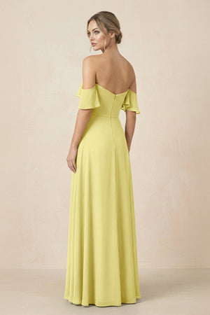 Off-the-Shoulder A-Line Chiffon Ruched Bridesmaid Dress in Buttercup - SHE IS ME BRIDESMAID DRESSES